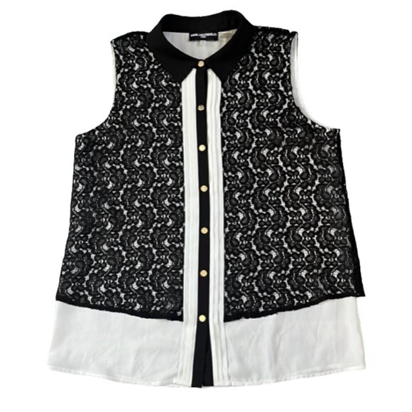 Karl Lagerfeld NWOT Black Lace Overlay White Sleeveless Button Down Shirt Medium - Picture 1 of 13